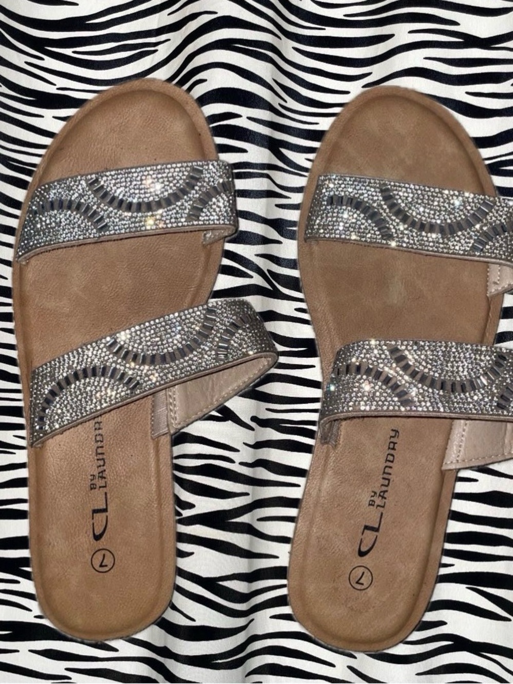 CL by Laundry Taupe Rhinestone Double-Strap Slide Sandals